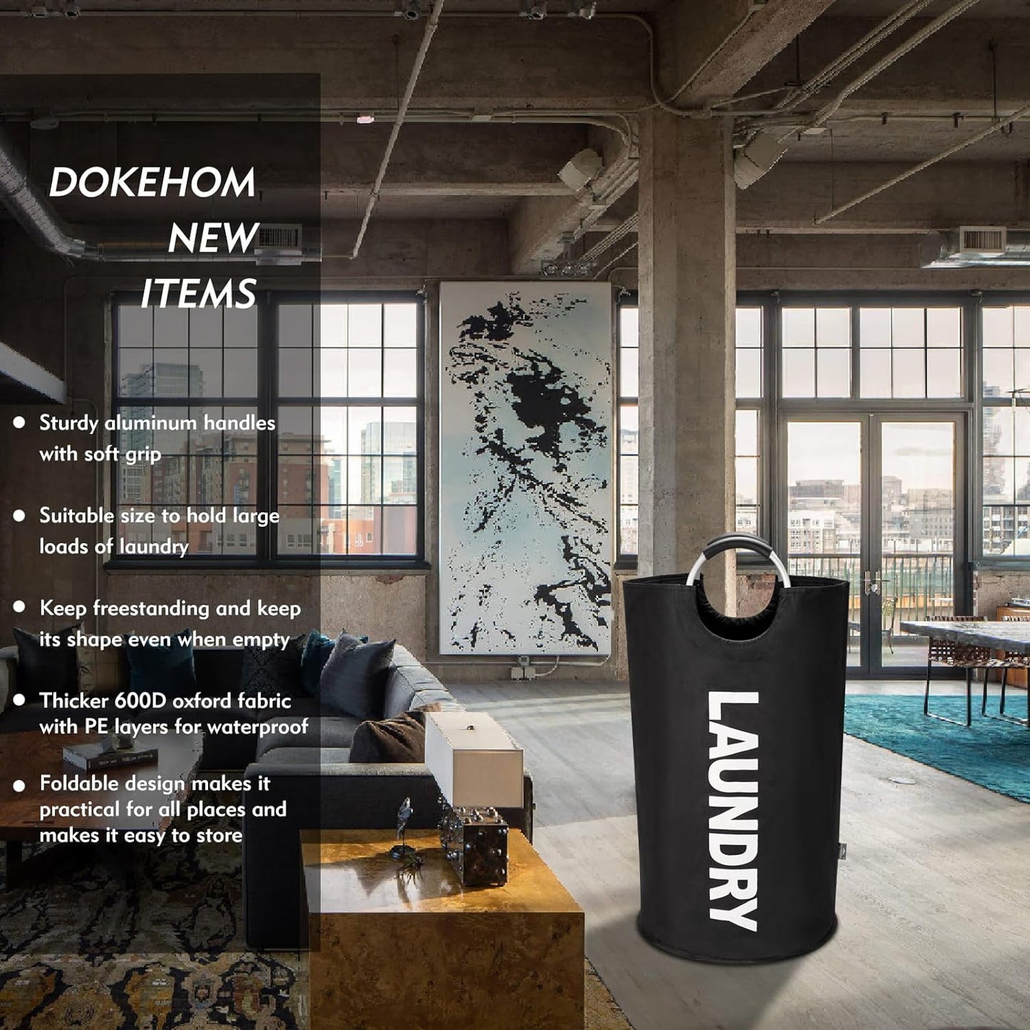 90L Large Laundry Basket, Collapsible Laundry Bag, Freestanding Tall Clothes Hamper, Foldable Washing Bin (Black)